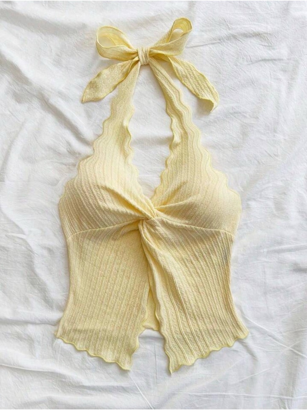 SHEIN Pale Yellow Ribbed Halter Tie-Front Camisole